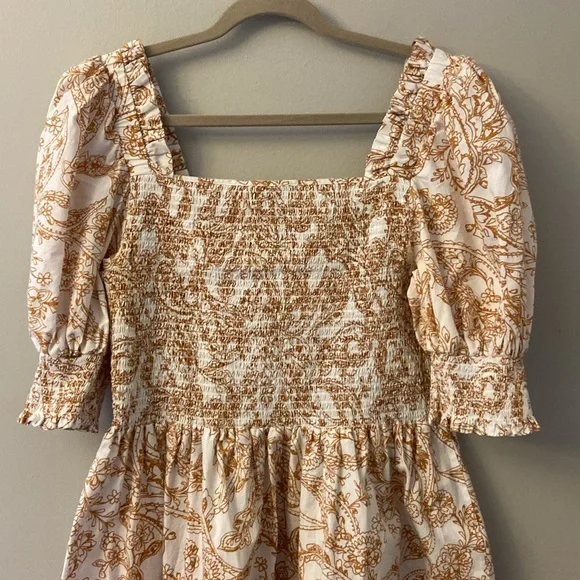 1 State Paisley Square Neckline Smocked Bust Puff-Sleeves  Mini Dress size Large - Picture 6 of 8